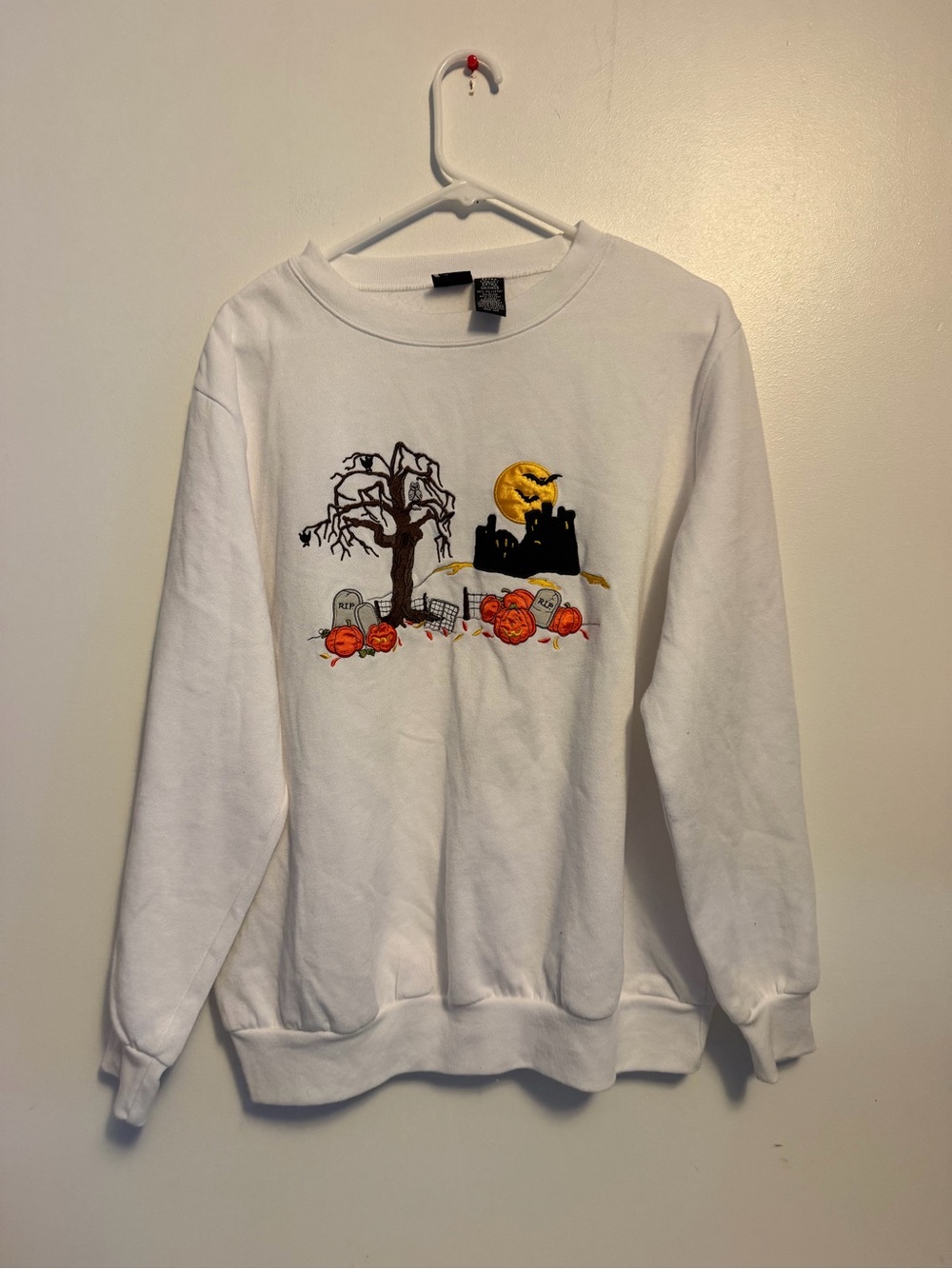 Holiday Editions Spooky Halloween Embroidered Sweatshirt Haunted House Pumpkins